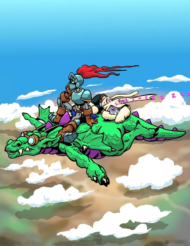 brave knight and lil dragon are flying through the sky. Kitty Kapow snoozes behind them.